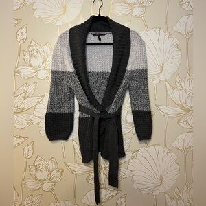 BCBG Max Azria Grey Stripe Wrap Cardigan - Merino Wool Blend - Large